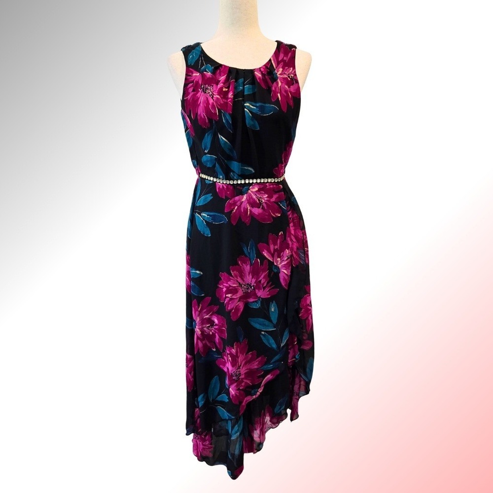 Midi Dress Black Magenta Bloom Wedding Guest Asymmetrical Hem Romantic Flowy‎